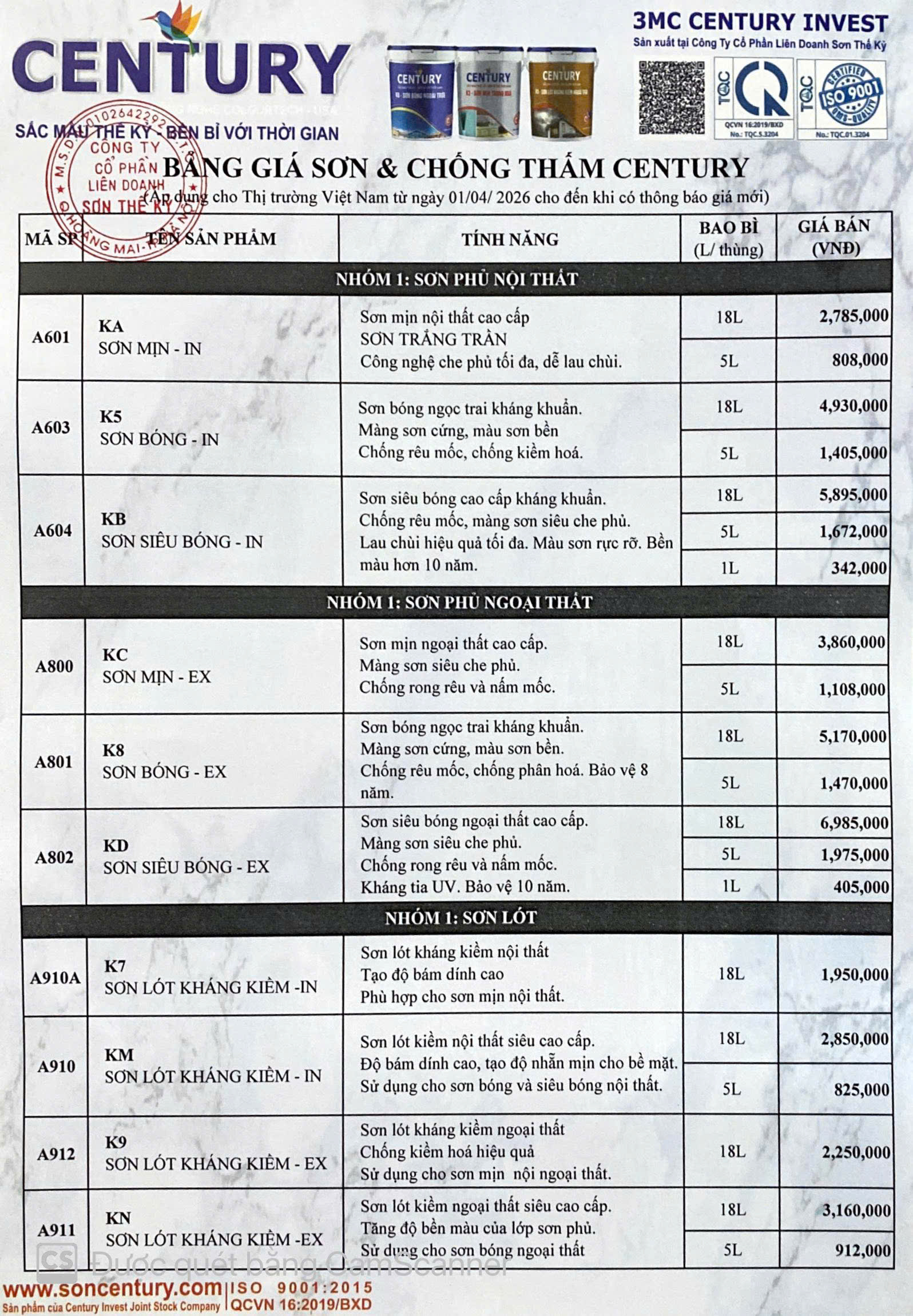 Bảng Giá Sơn Century 2026